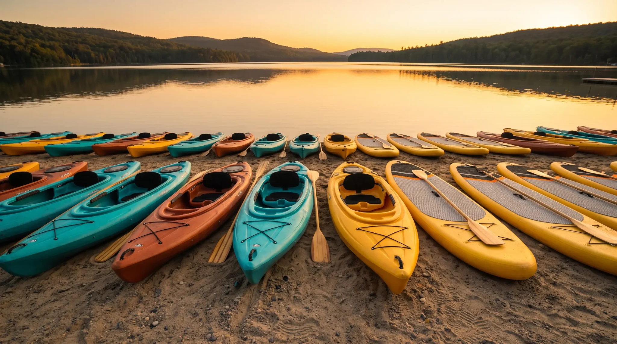 Colorful kayaks and paddleboards lined up on sandy shore at sunset by a tranquil lake