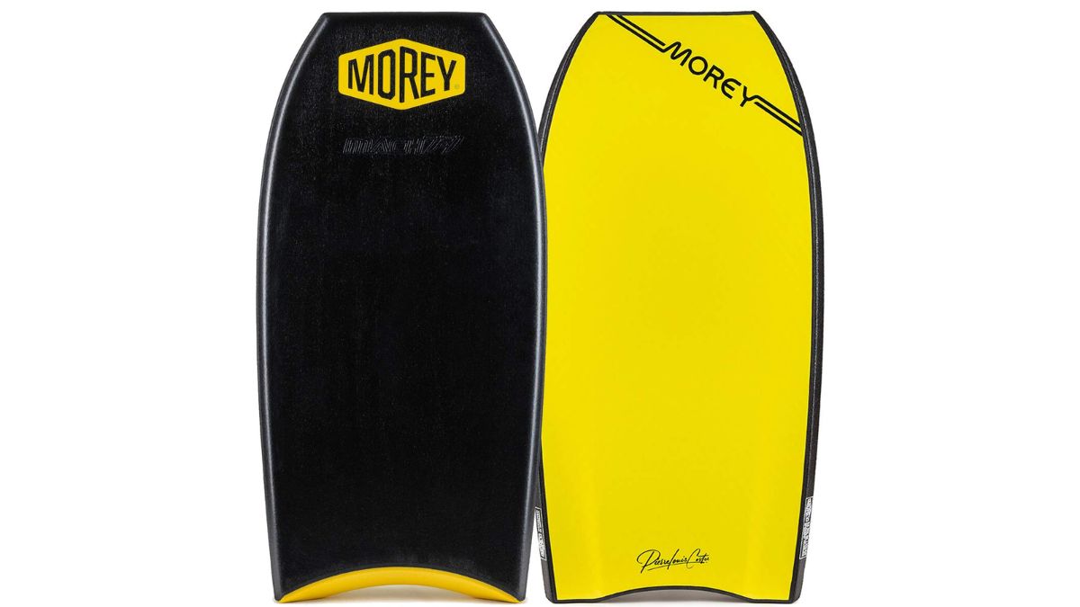 Black and yellow Morey bodyboards showing modern boogie board designs and performance shapes