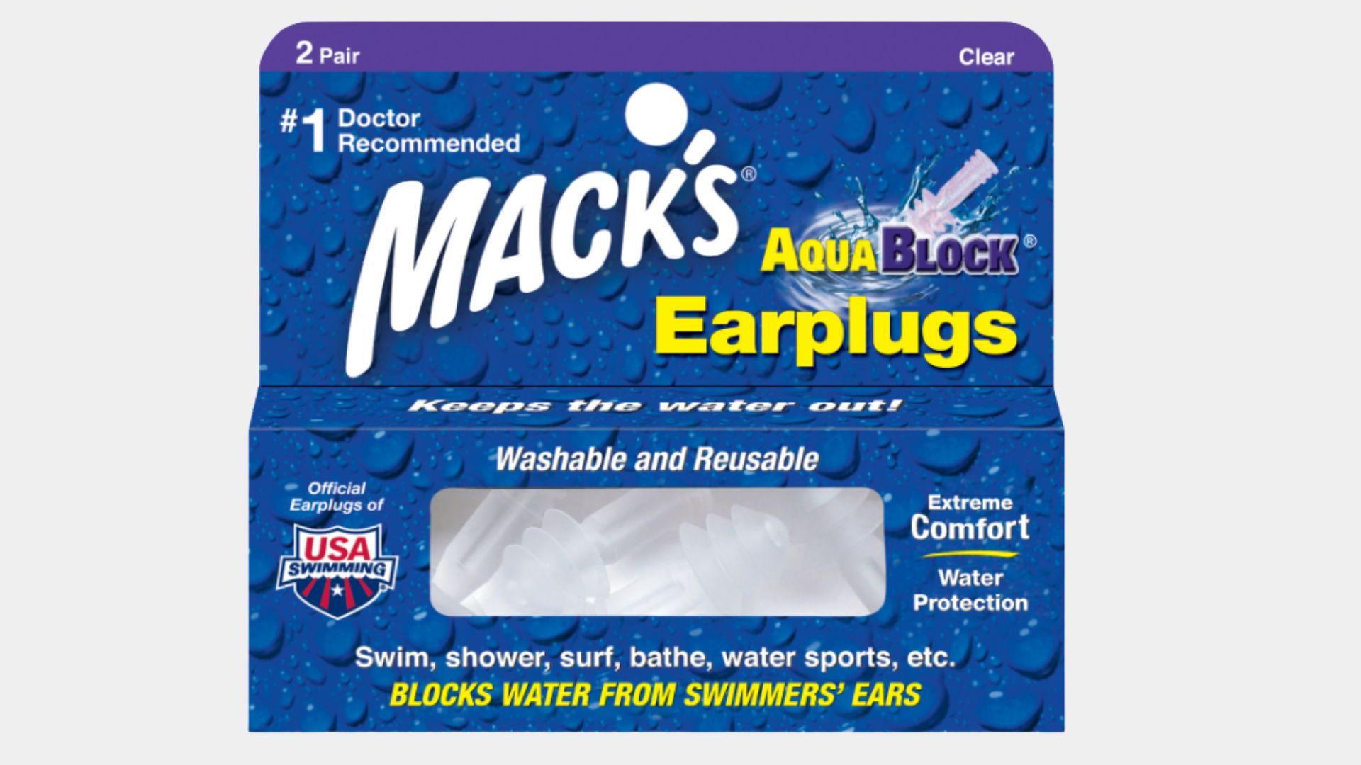Box of Mack's AquaBlock Earplugs, designed to keep water out during swimming and water sports