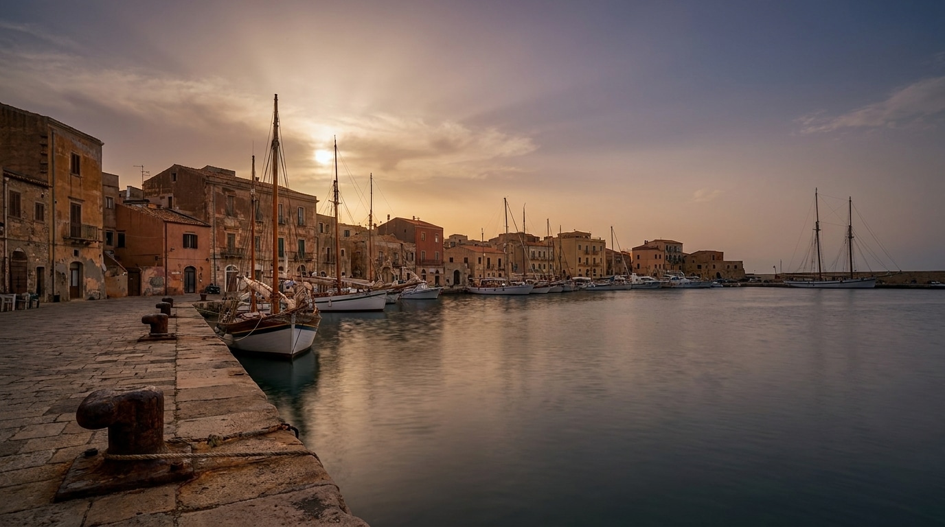 Boats docked along an old town waterfront at sunset with warm golden lighting