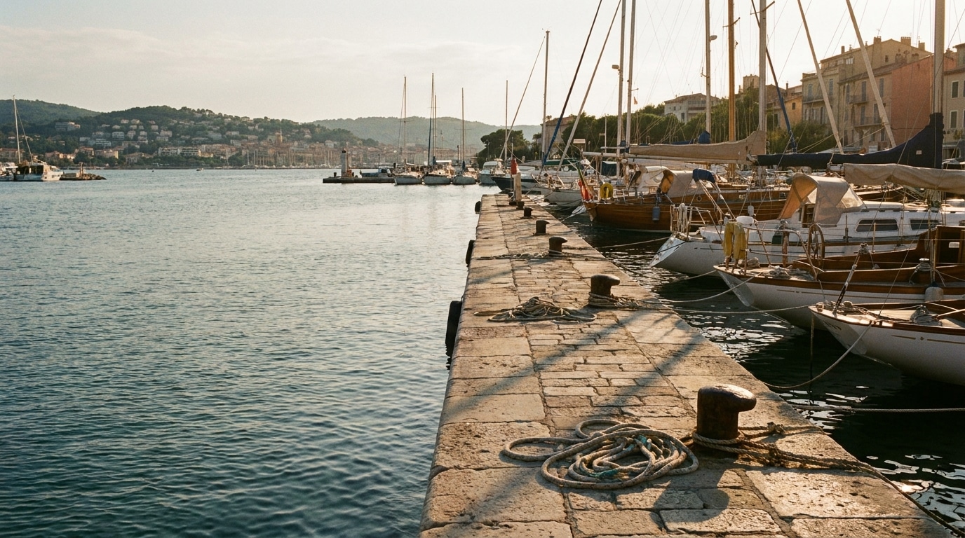 Sailboats moored at sunny marina with distant hills and waterfront buildings