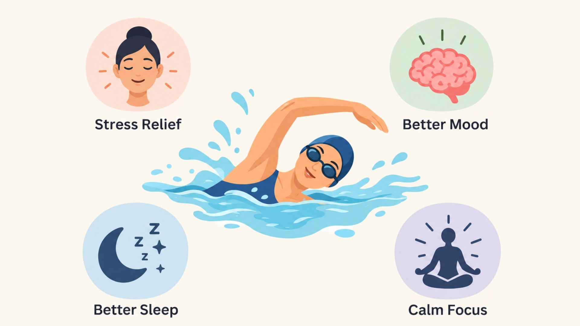 Illustrated swimmer in the center with simple health icons arranged around the body and mind benefits of swimming