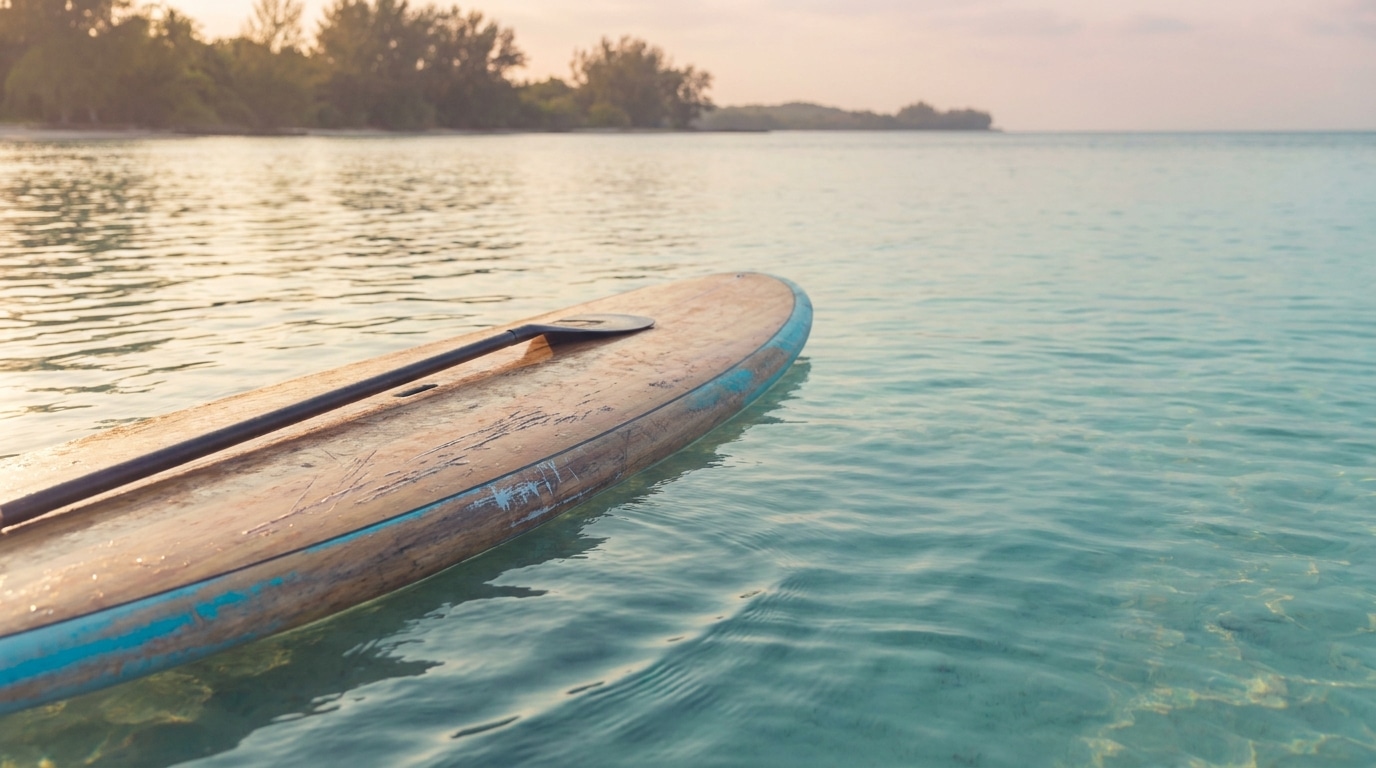 Stand-up paddleboard with paddle floating on calm turquoise water at sunset