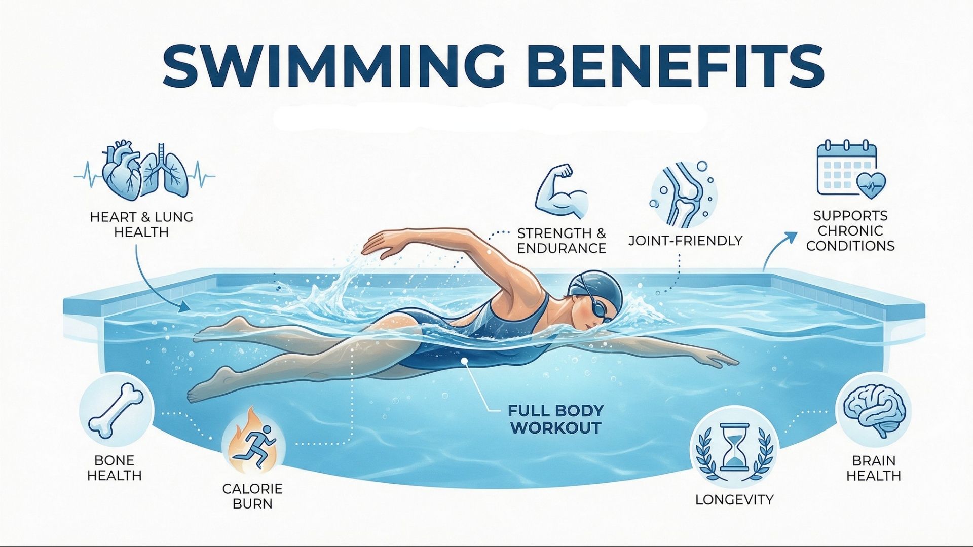 Illustrated Swimmer surrounded by icons for heart, lungs, joints, muscles, bone health, weight control, and brain health