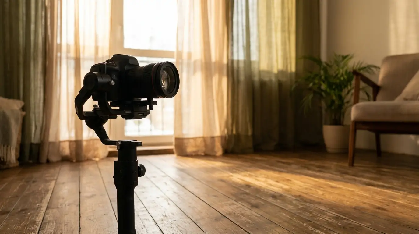 Camera on stabilizer in sunlit room with wooden floor and potted plant