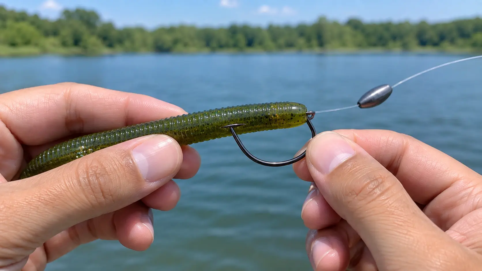 Hands secure a green soft plastic bait onto a fishing hook with a sliding bullet weight above, set against a lake background.