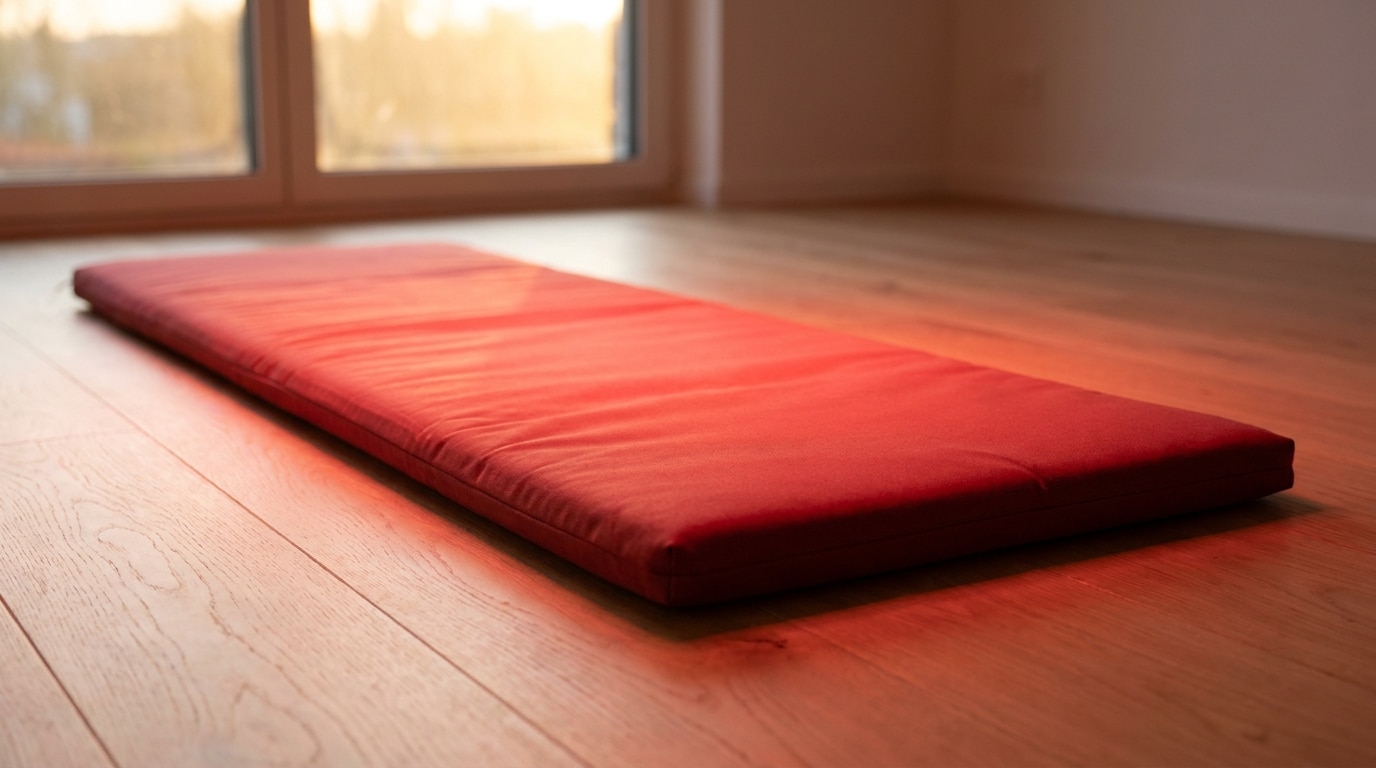 Red floor cushion on wooden floor with warm natural light from window
