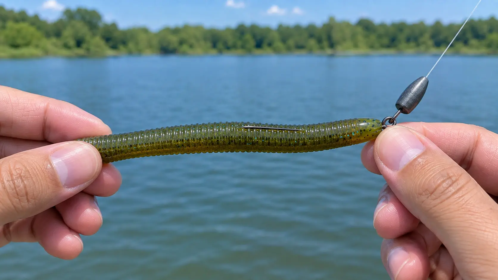 Hands hold a rigged green soft plastic bait on a hook with a bullet weight, set against a lake background.