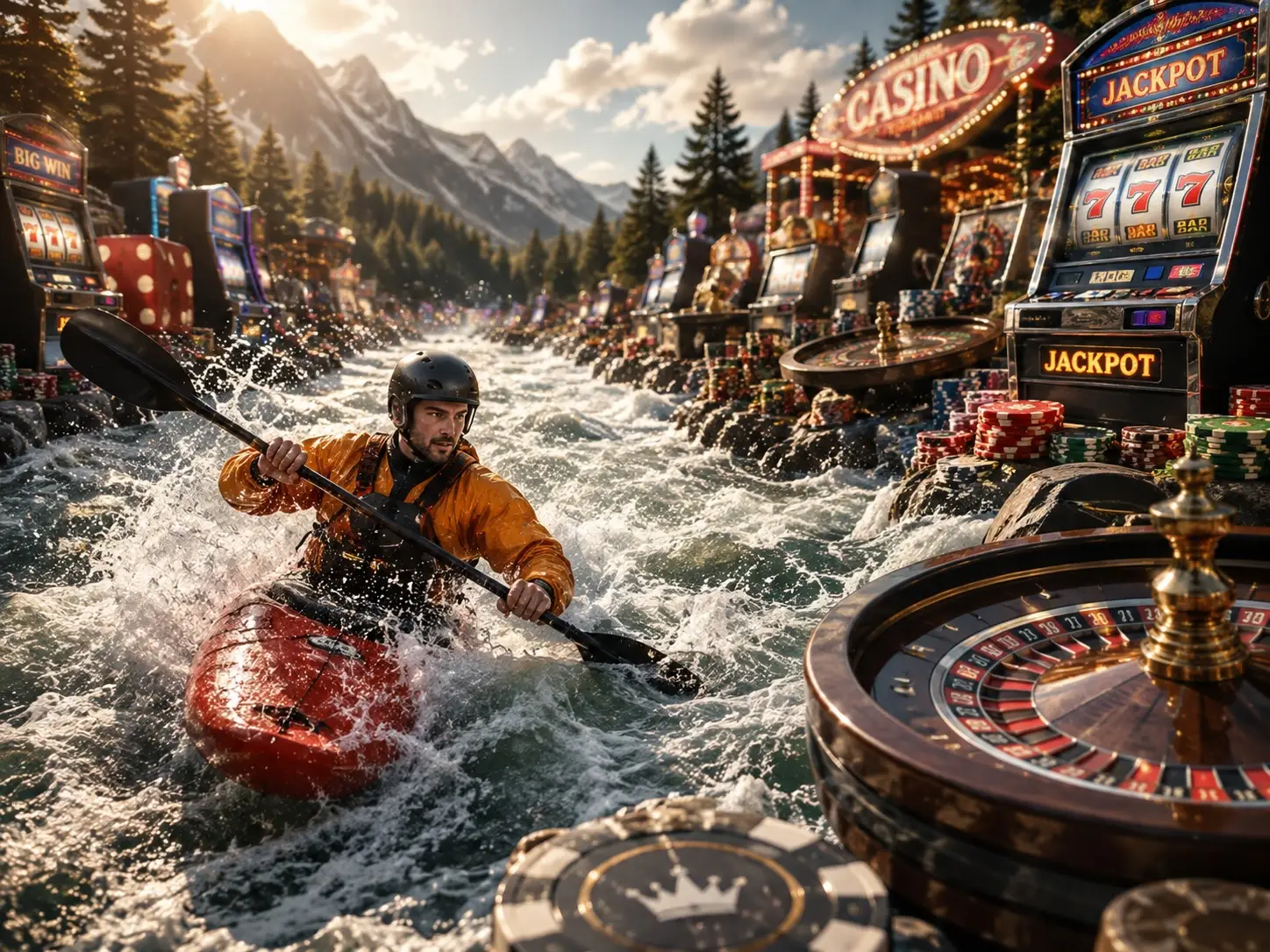 Kayaker navigating rapids in mountain river surrounded by casino games and roulette wheels