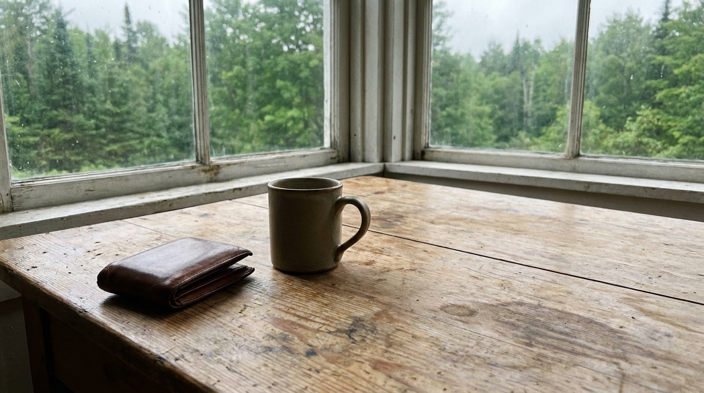 Mug and wallet on rustic wooden table by large window overlooking forest scenery