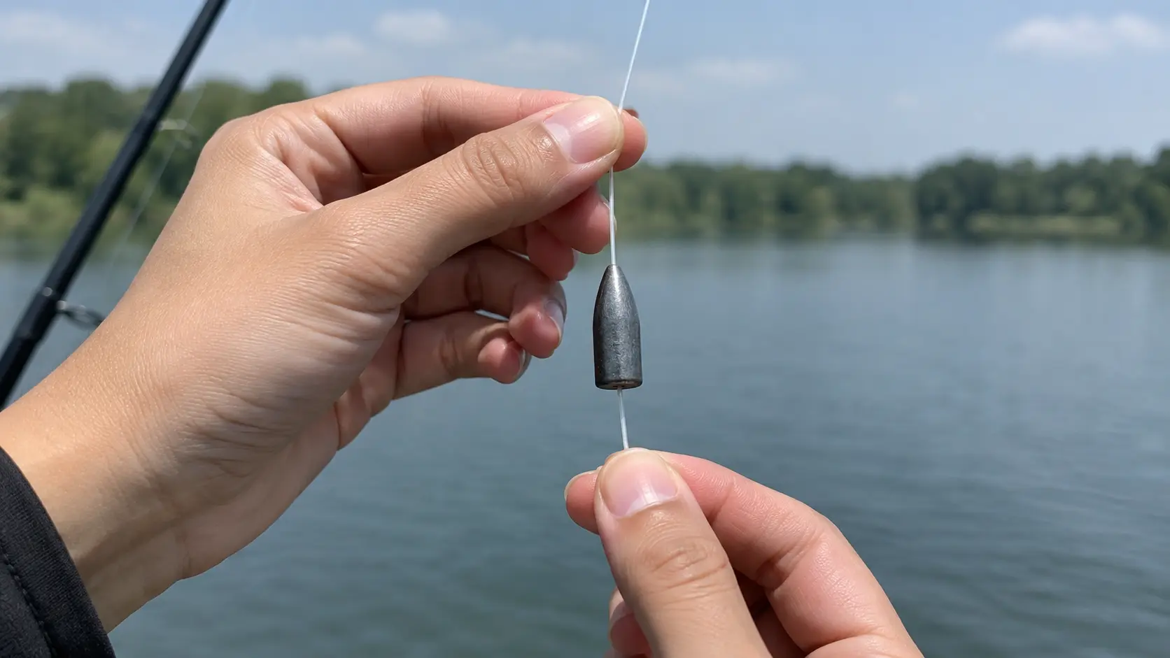 Hands holding a fishing line with a bullet weight sinker against a scenic lake backdrop.