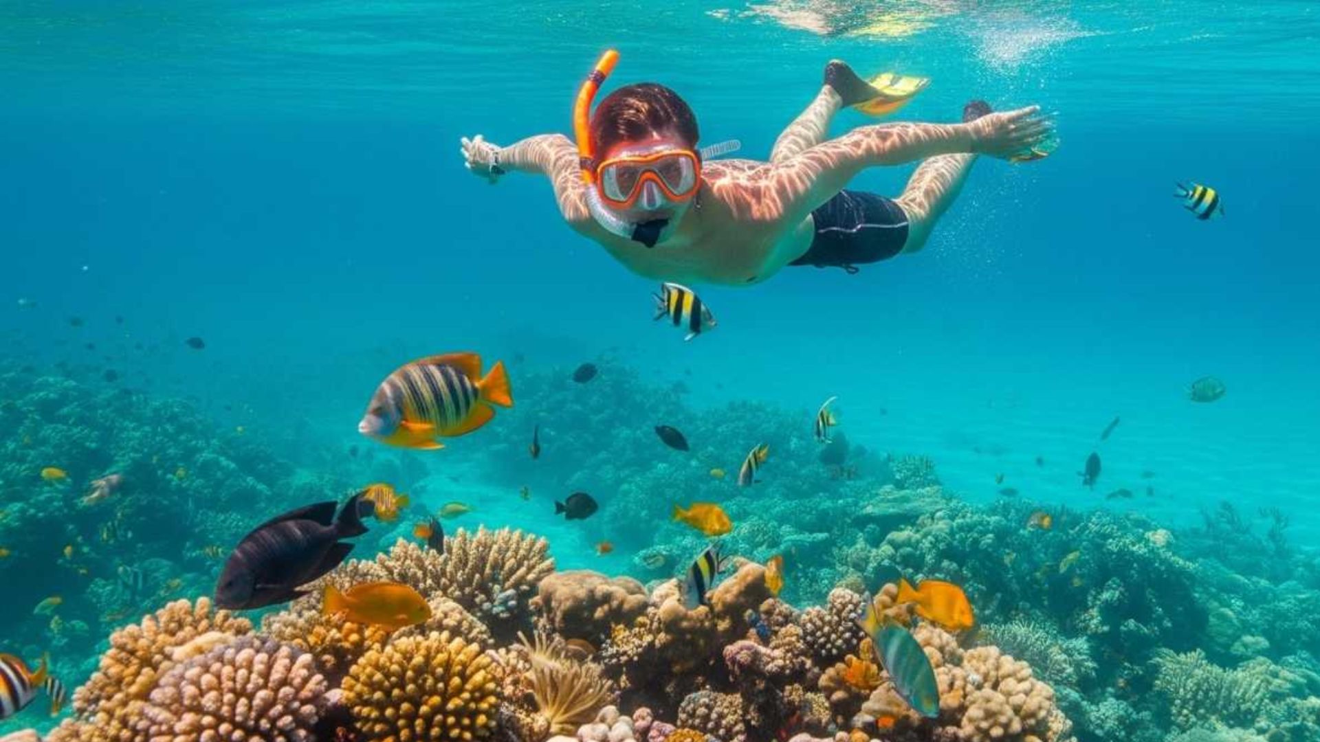 Snorkeler swimming above a colorful coral reef with tropical fish in clear Florida waters.