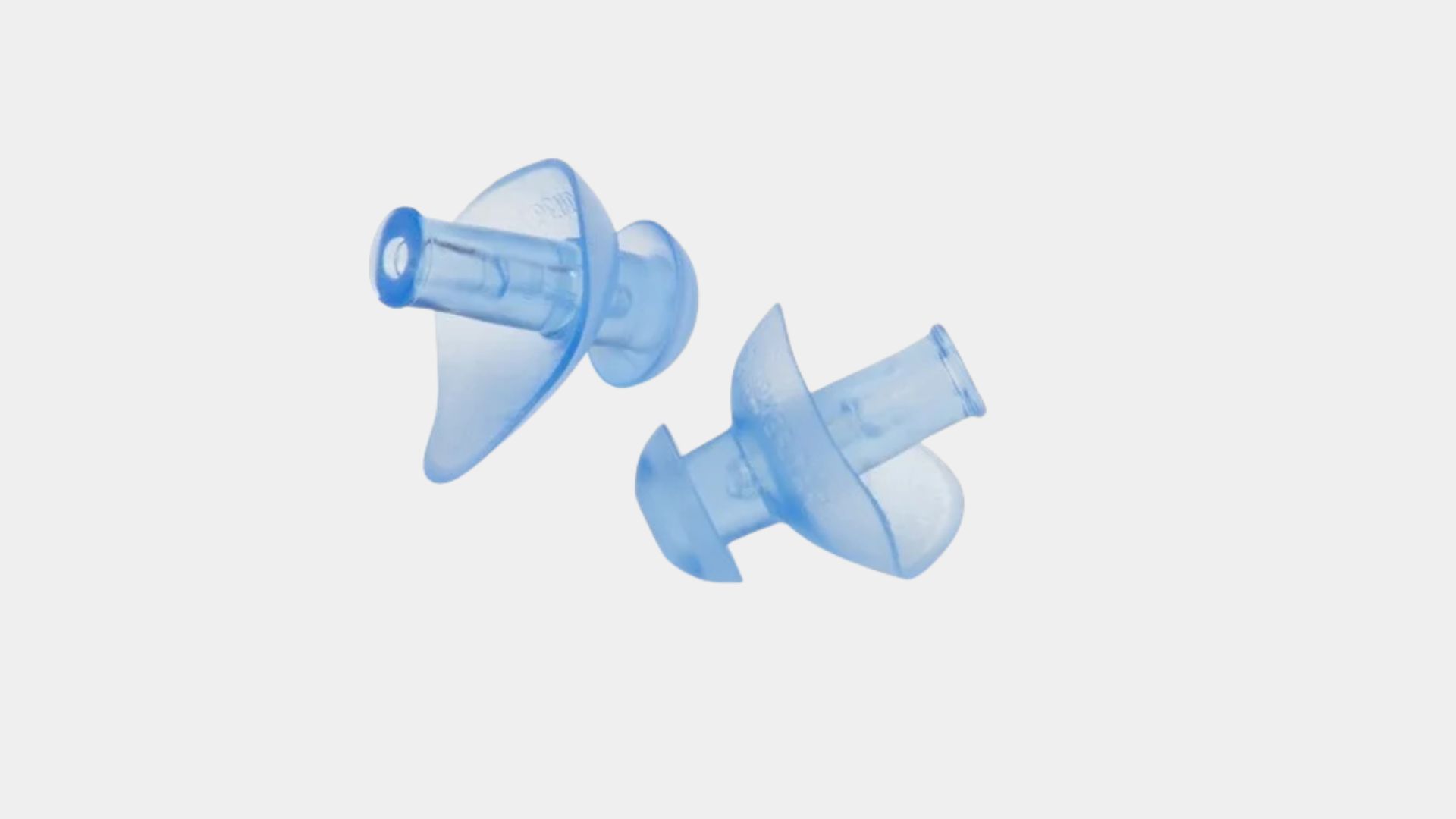 Two translucent blue reusable flanged earplugs designed for water sports or noise protection against a light background