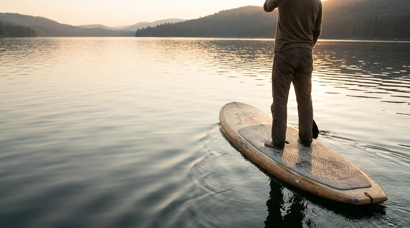 Person paddleboarding on calm lake during sunset with forested hills in background