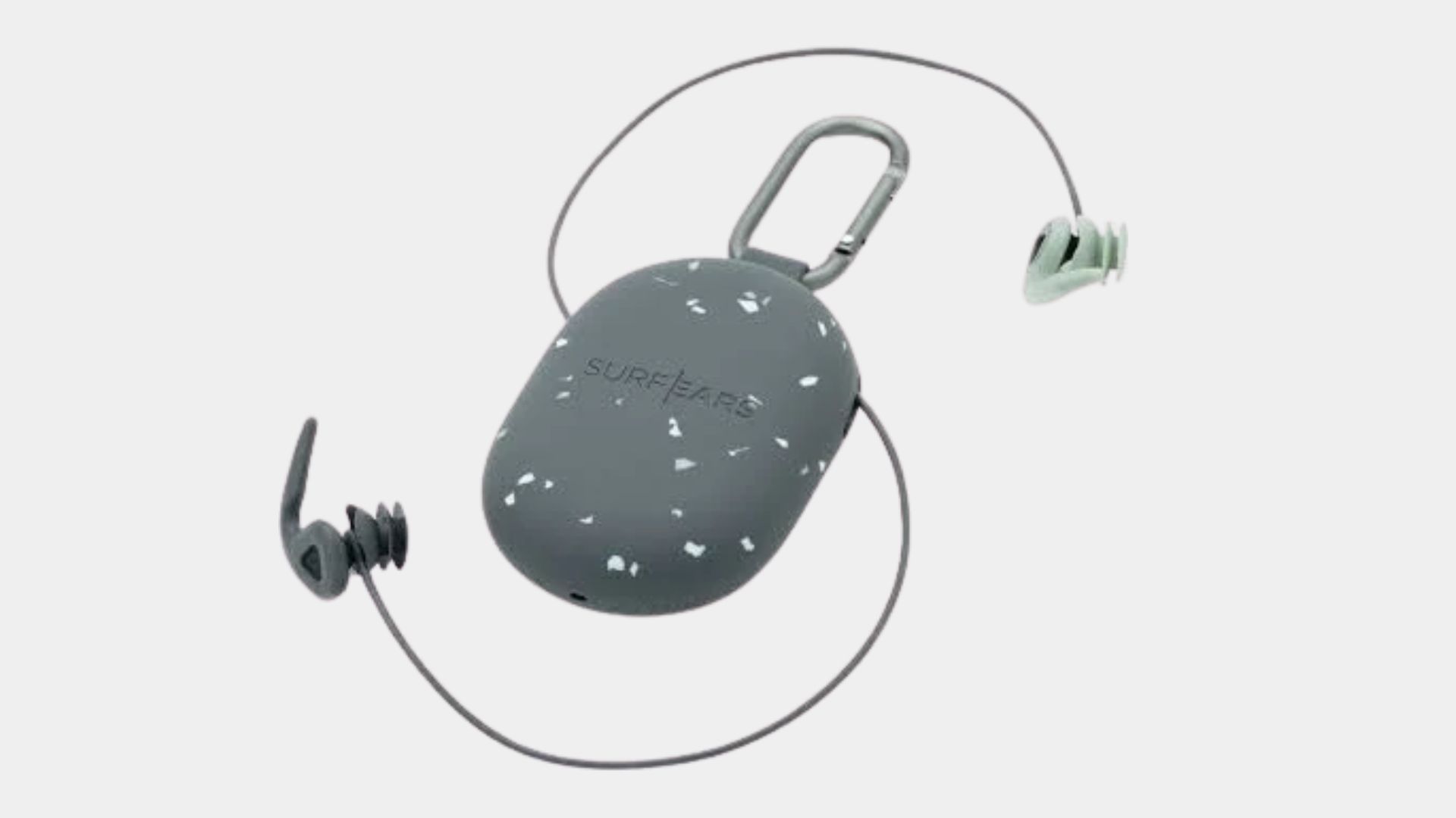 SurfEars earplugs connected by a leash, displayed alongside their speckled grey carrying case with a carabiner