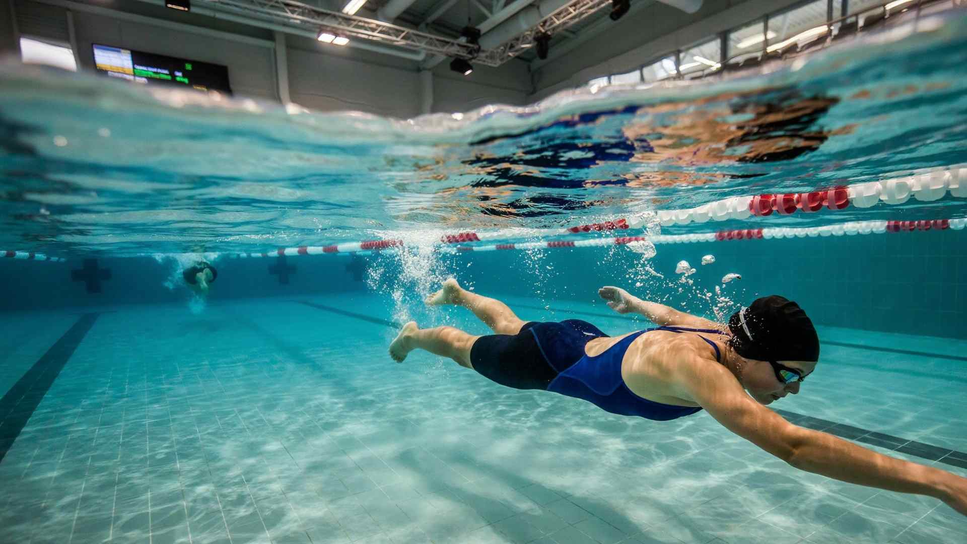 swimming strokes demonstrated by swimmer in a pool, including freestyle