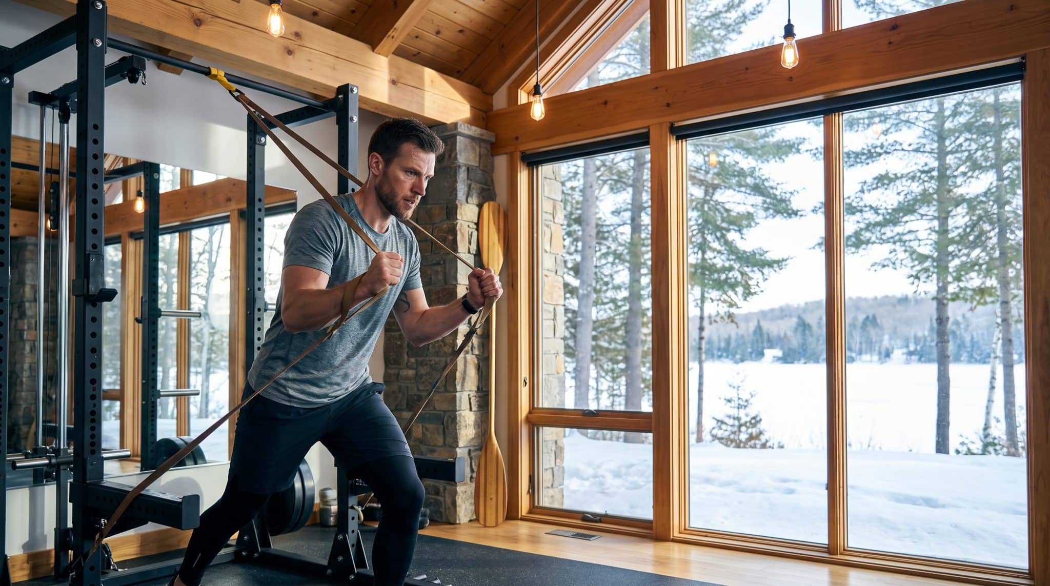 Man exercising with resistance bands in a rustic home gym overlooking snowy landscape