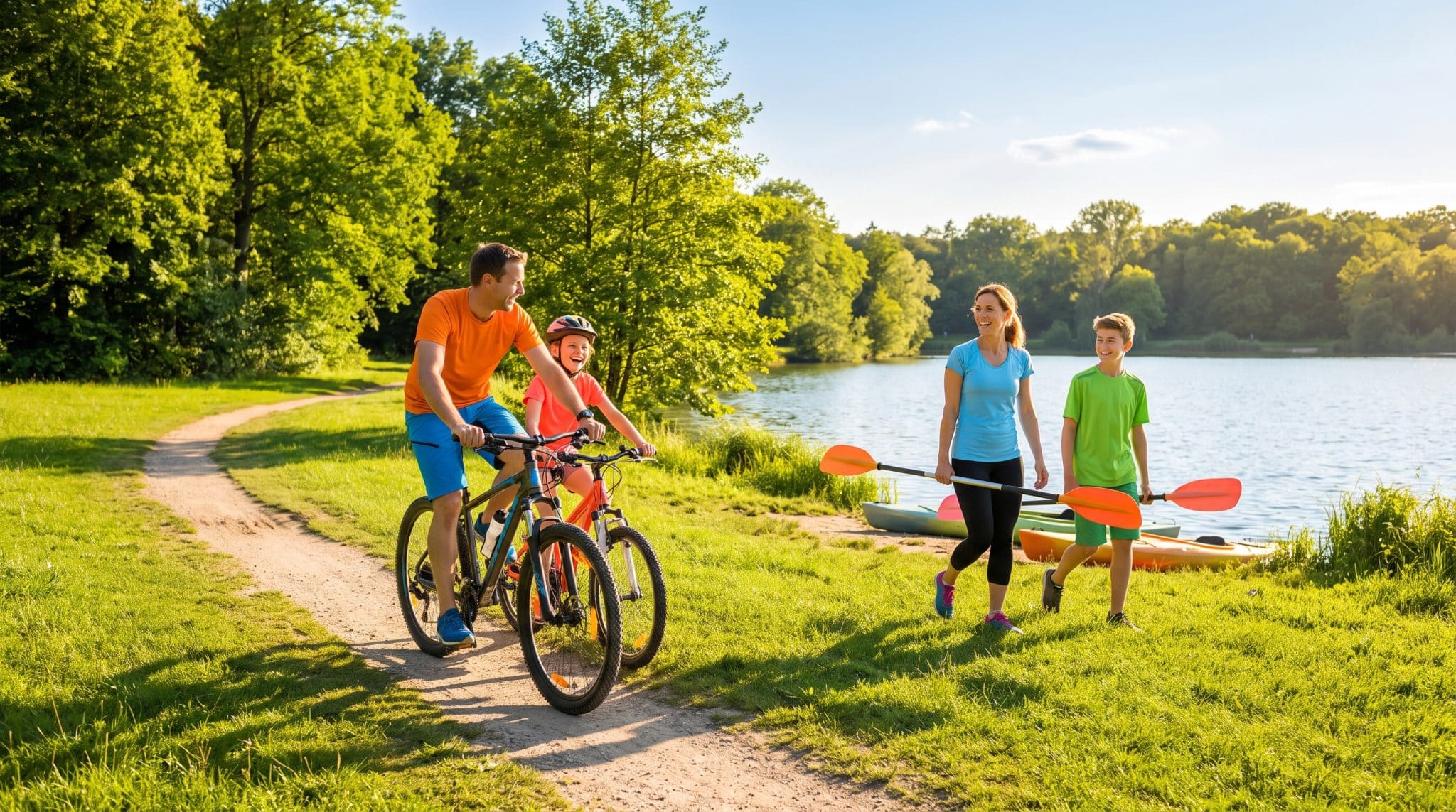 Family cycling and carrying kayak paddles along lakeside path under bright sunlight