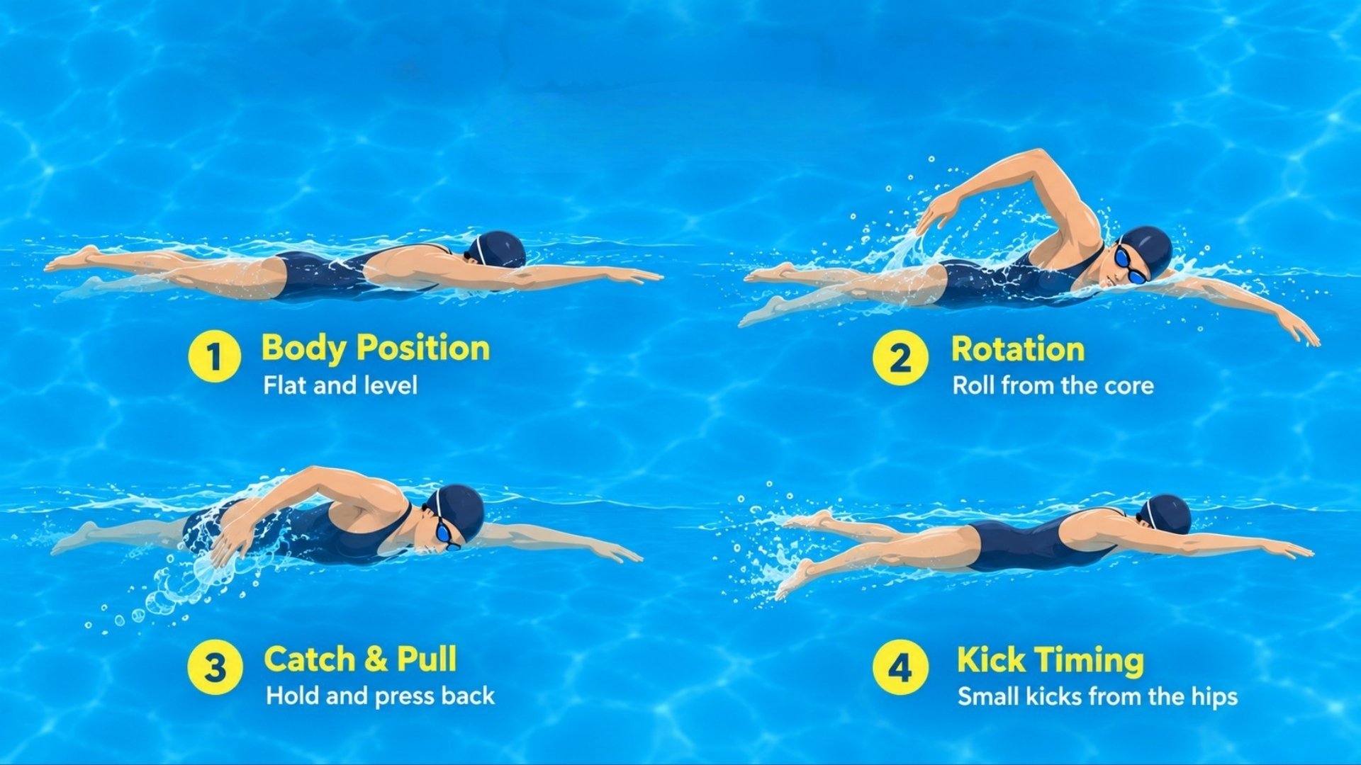 Freestyle swimming fundamentals infographic showing four key techniques with illustrated swimmers in a blue pool.