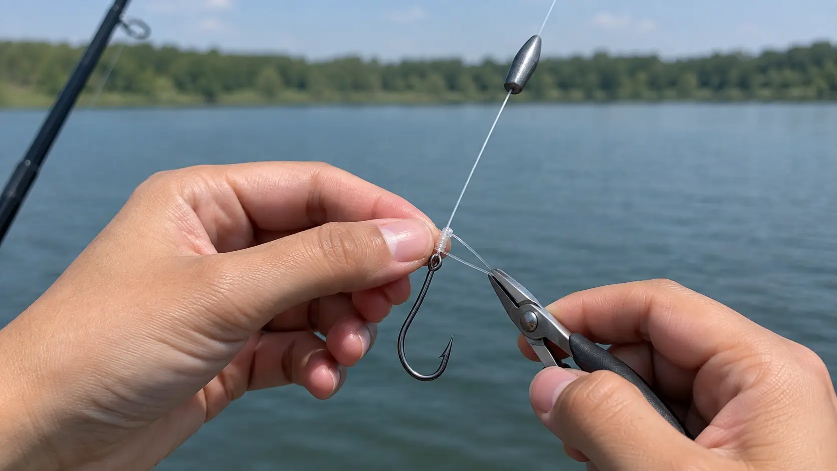 Hands use pliers to tie a fishing line to a hook, with a bullet weight above against a lake background.