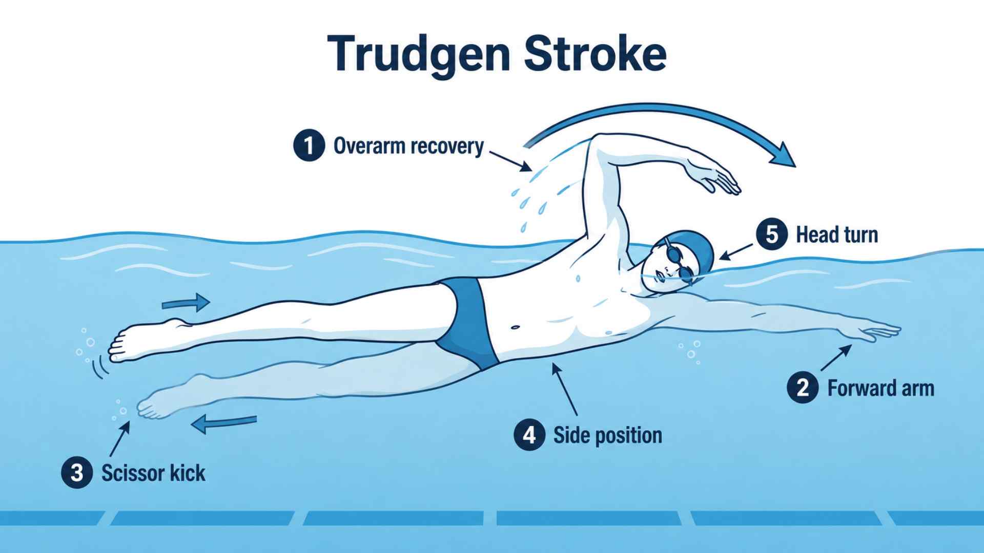 Trudgen stroke swimming technique illustration showing swimmer with overarm recovery underwater pull and side scissor kick