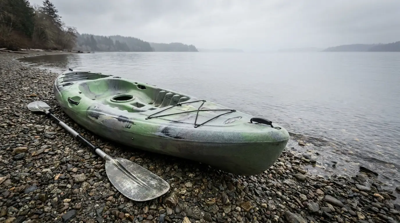 Green kayak and paddle resting on a rocky lakeshore under overcast sky