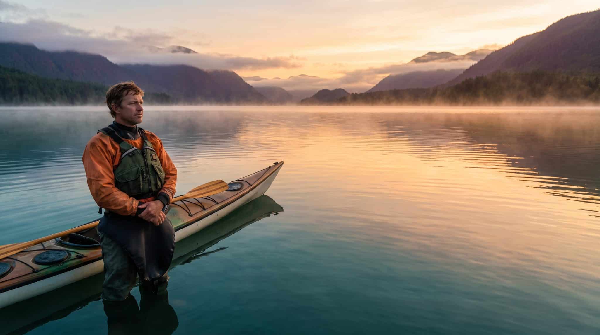 Man standing in kayak on tranquil lake during misty sunrise with mountains in background