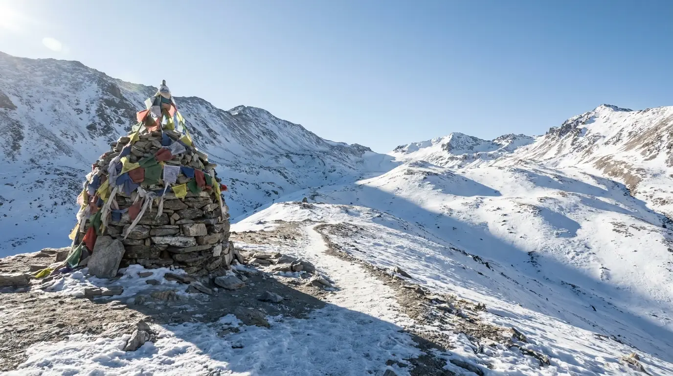 Stone cairn with colorful prayer flags in snowy mountain landscape under clear blue sky