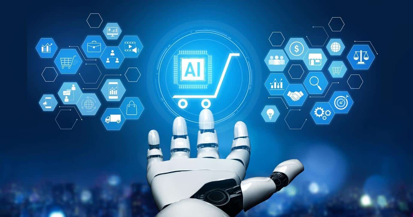 Robot hand reaching toward digital shopping cart with AI chip symbol on blue interface