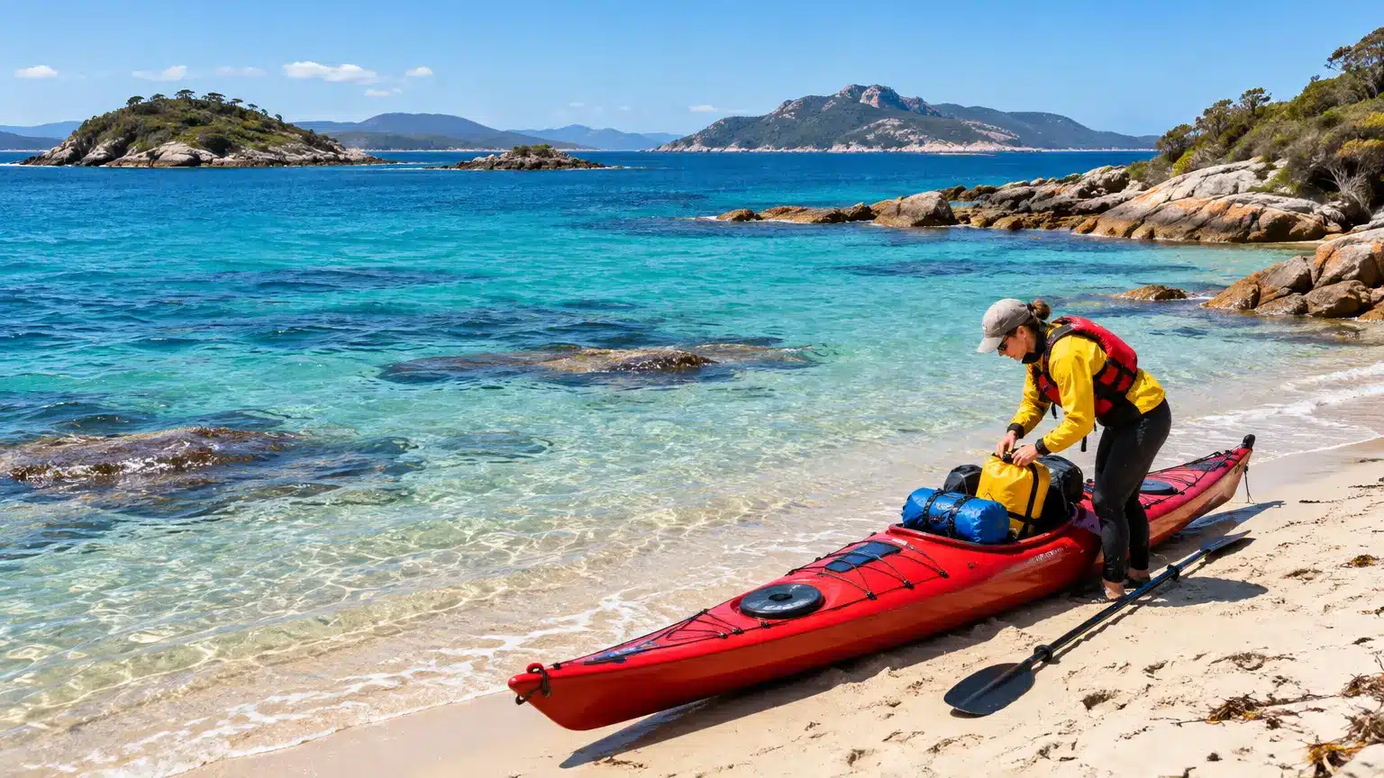 Person wearing a yellow jacket packing a red kayak on a sandy beach with turquoise water