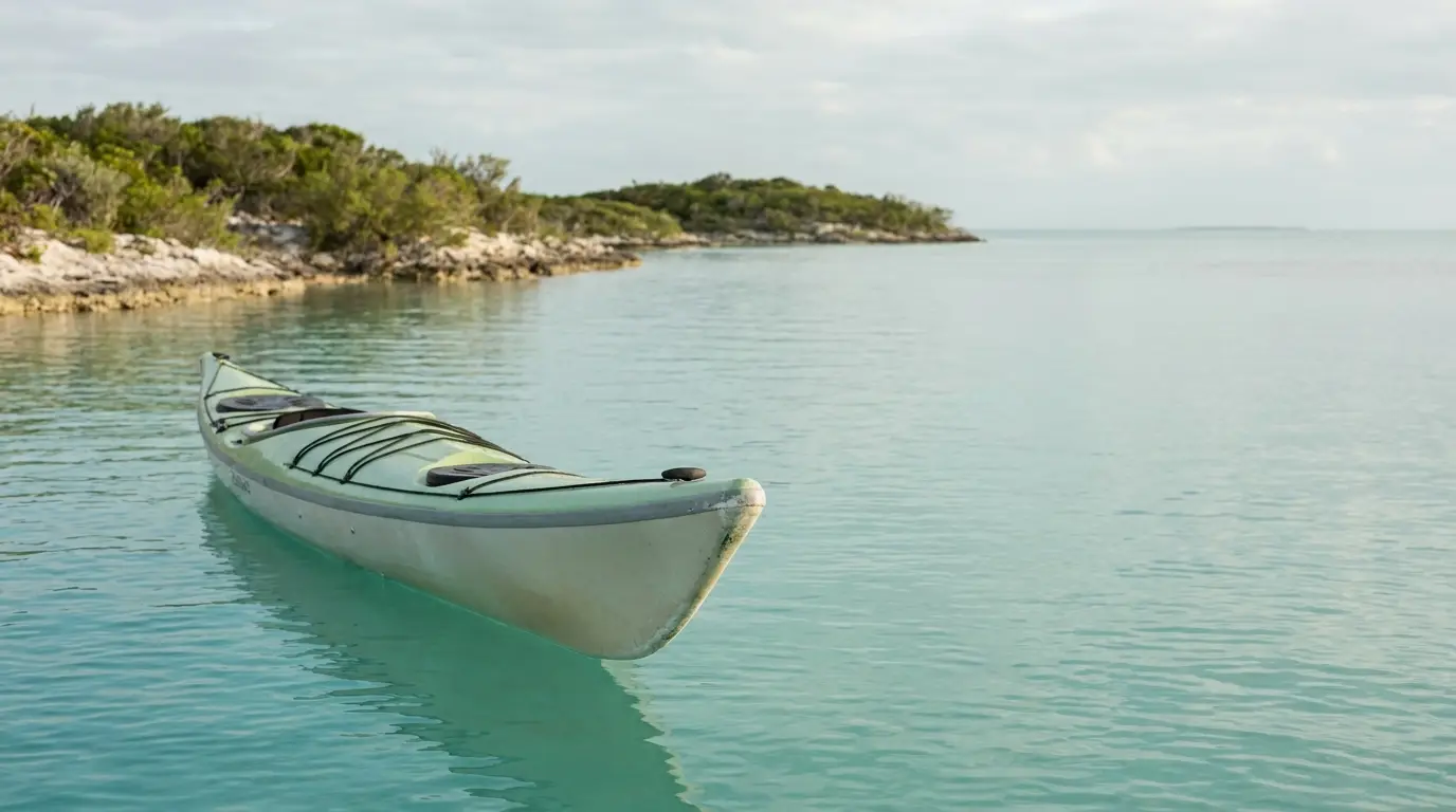 Kayak floating on calm turquoise water near a rocky shoreline under overcast sky
