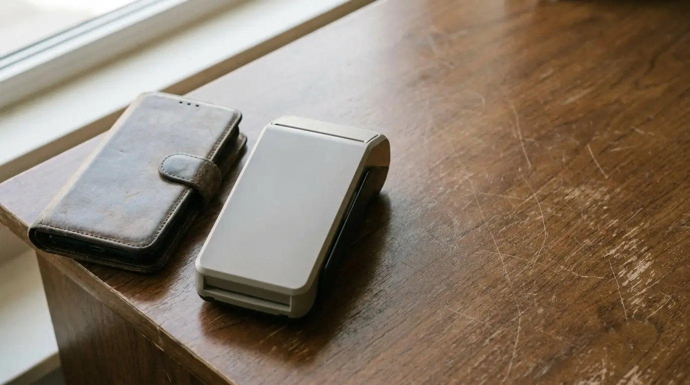 Smartphone with leather wallet case on wooden table near window