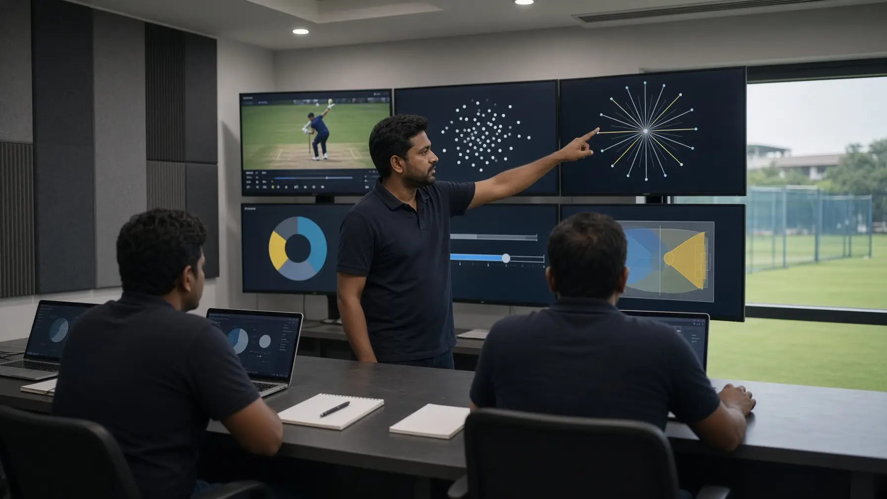Man presenting data on screens in modern office with two colleagues watching