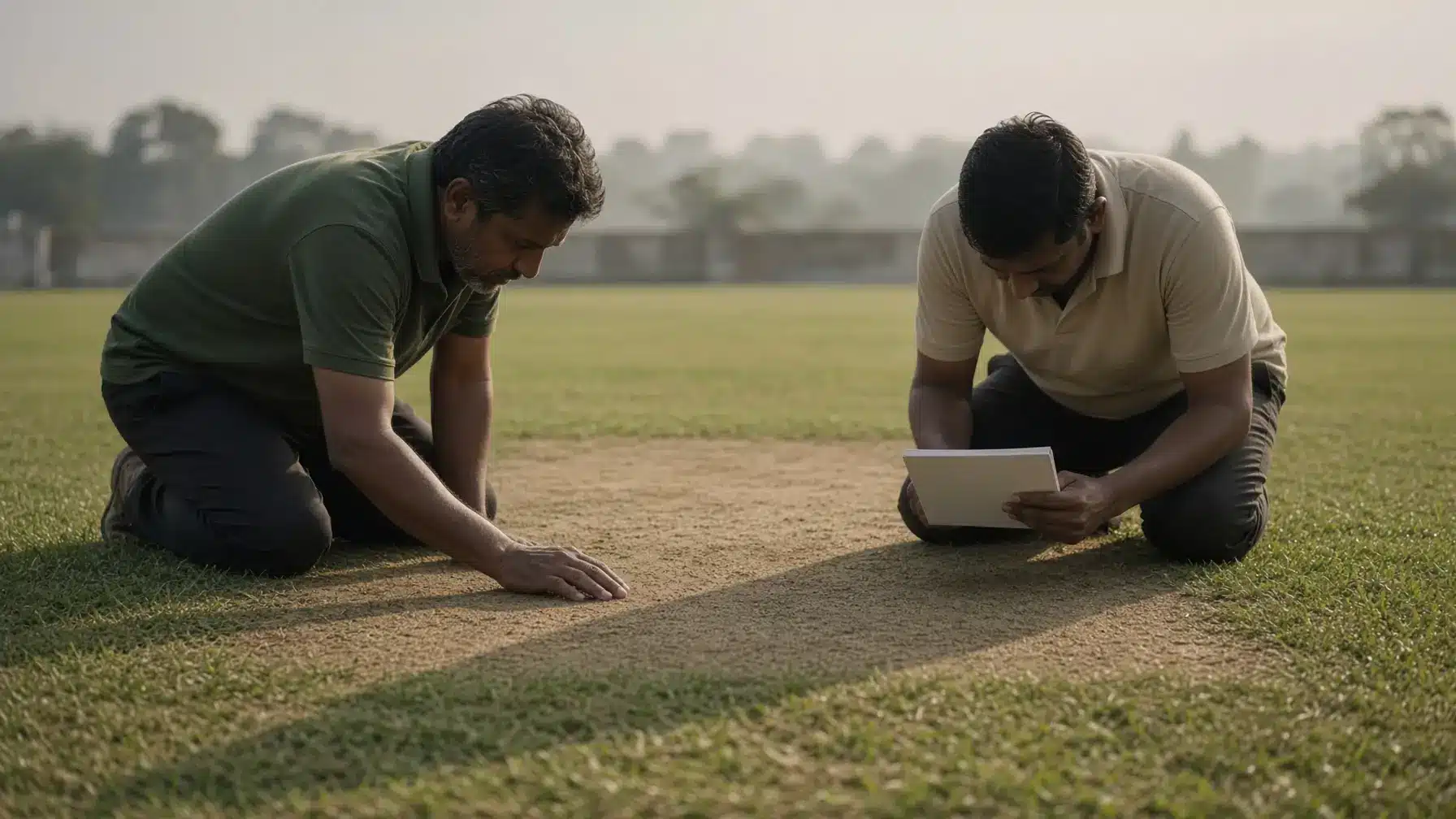 Two men examining cricket pitch on sunny field with notepad