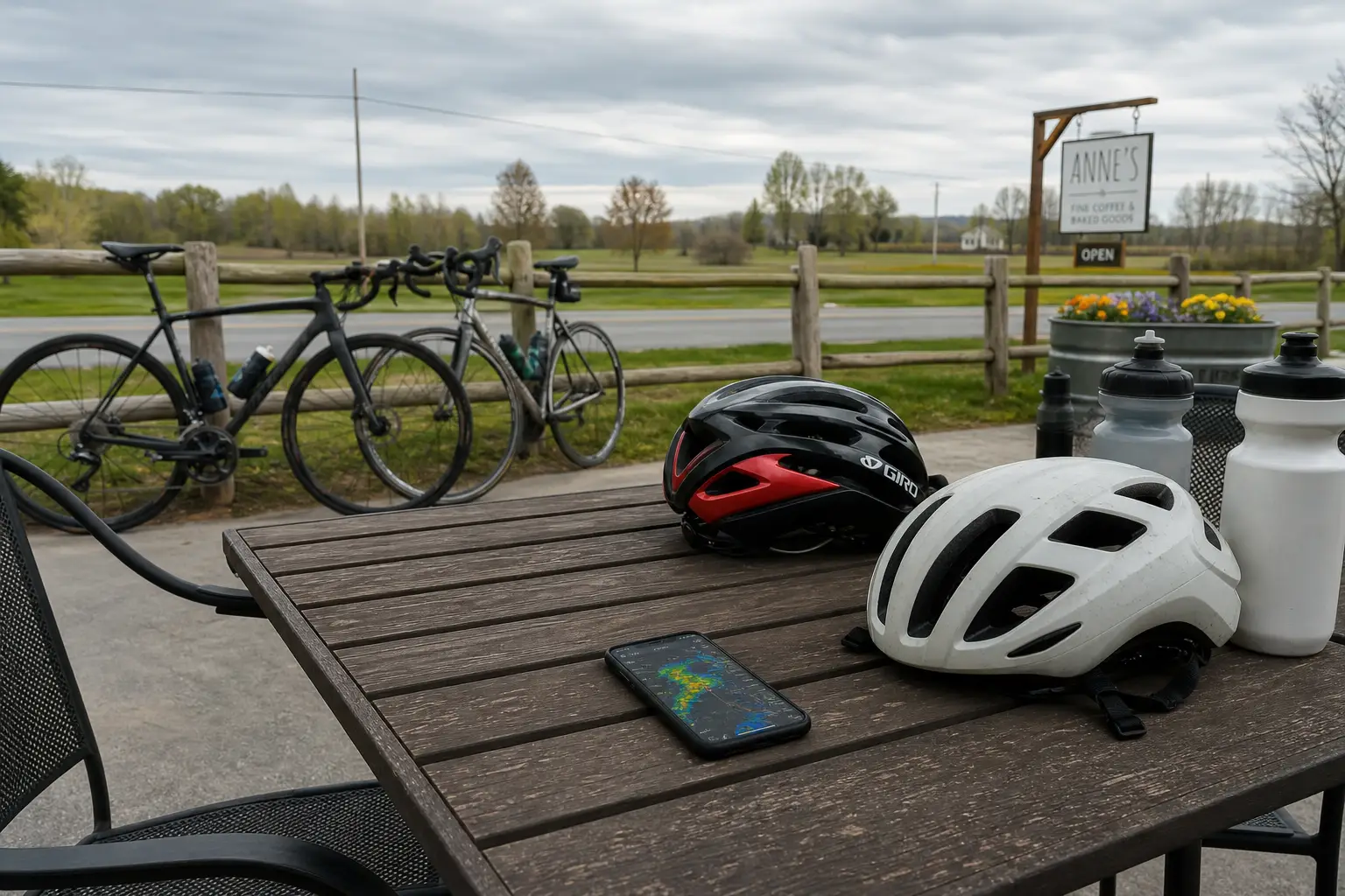 Bicycle helmets and water bottles on wooden table with bikes parked by wooden fence outdoors