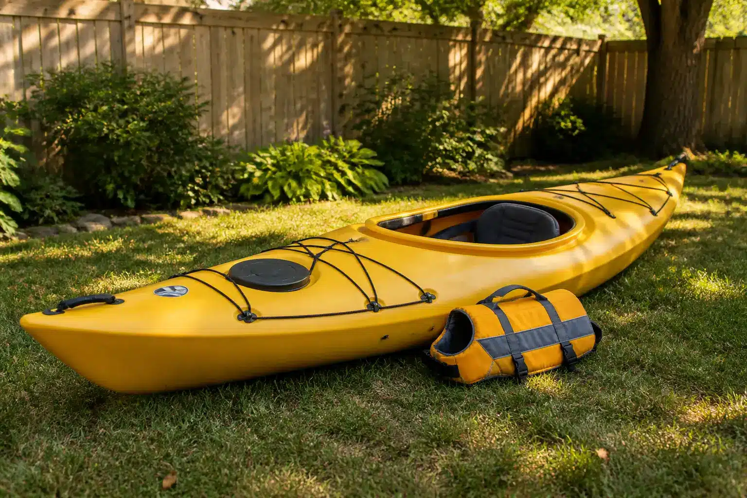 Yellow kayak and life jacket on grassy backyard with wooden fence and greenery