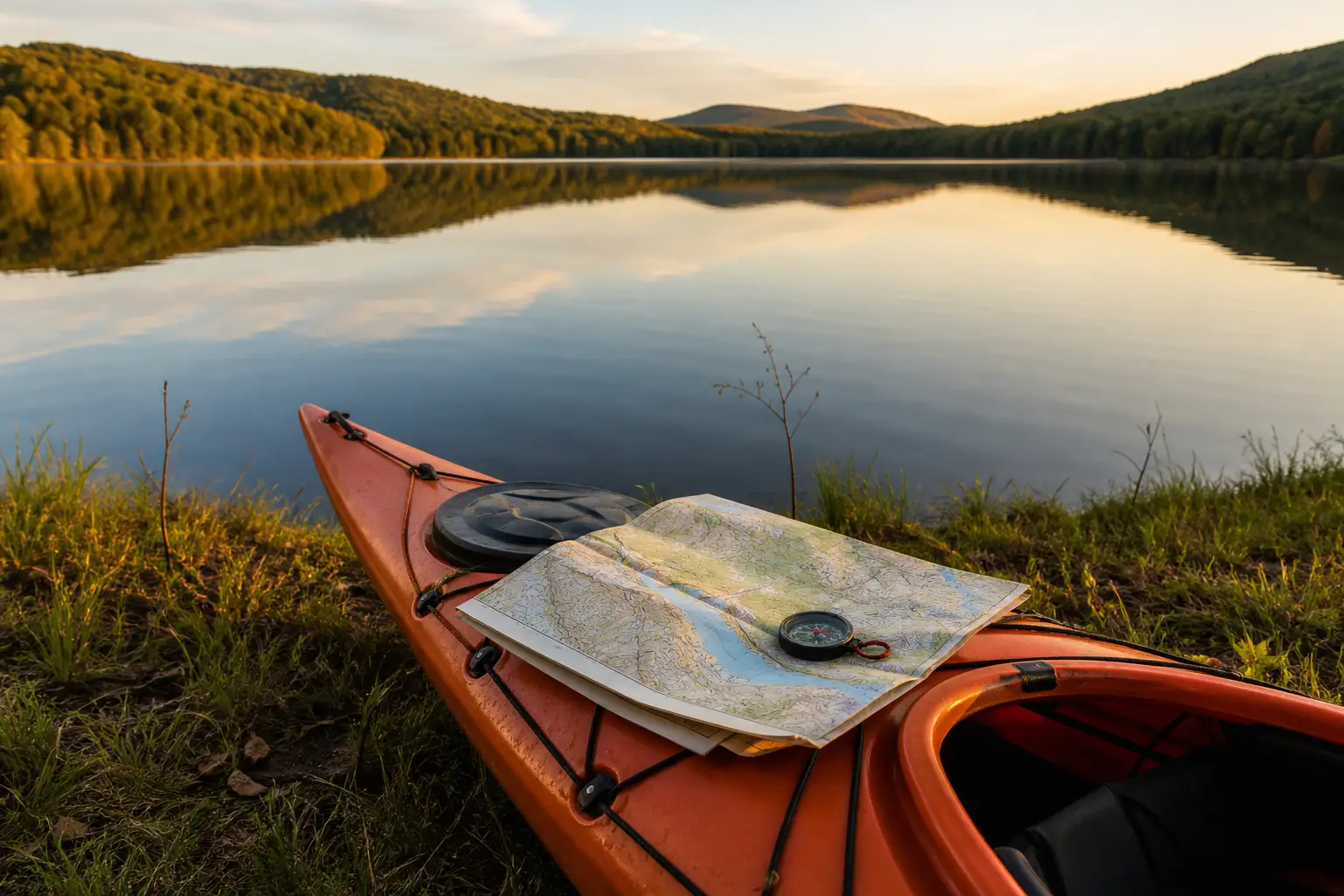Orange kayak with a map and compass by a calm lake at sunset