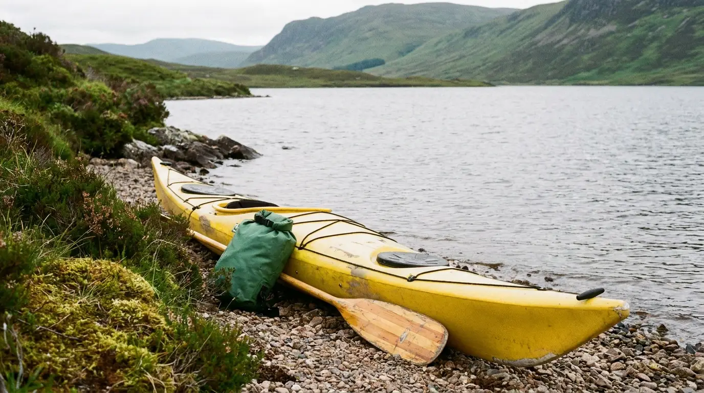 Yellow kayak on a stony European lakeshore with paddle and rolled waterproof dry bag nearby
