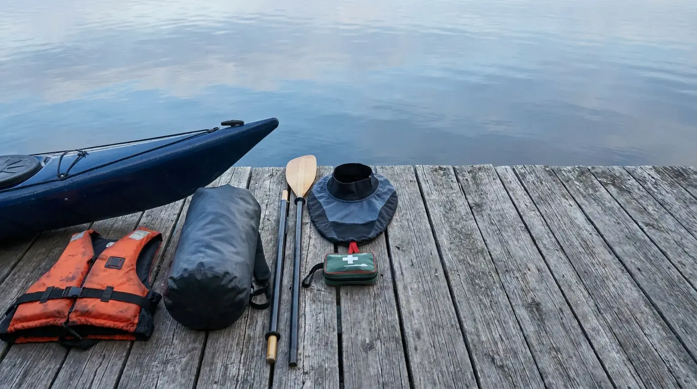 Kayaking essentials including life vest and dry bag arranged on a wooden dock beside a kayak hull