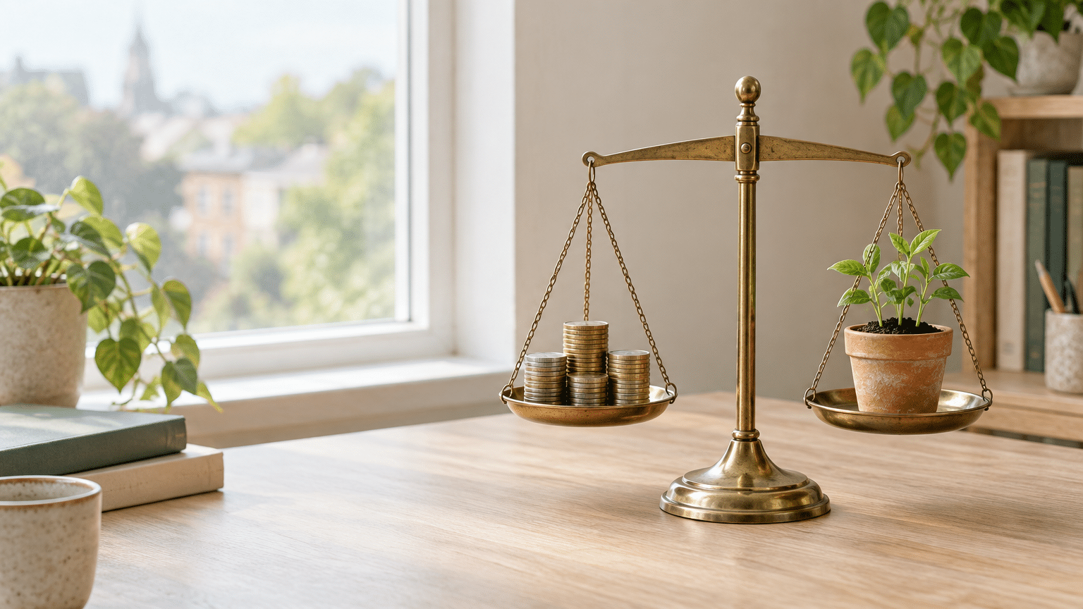 Brass balance scale with stacked coins and potted plant in bright indoor office setting
