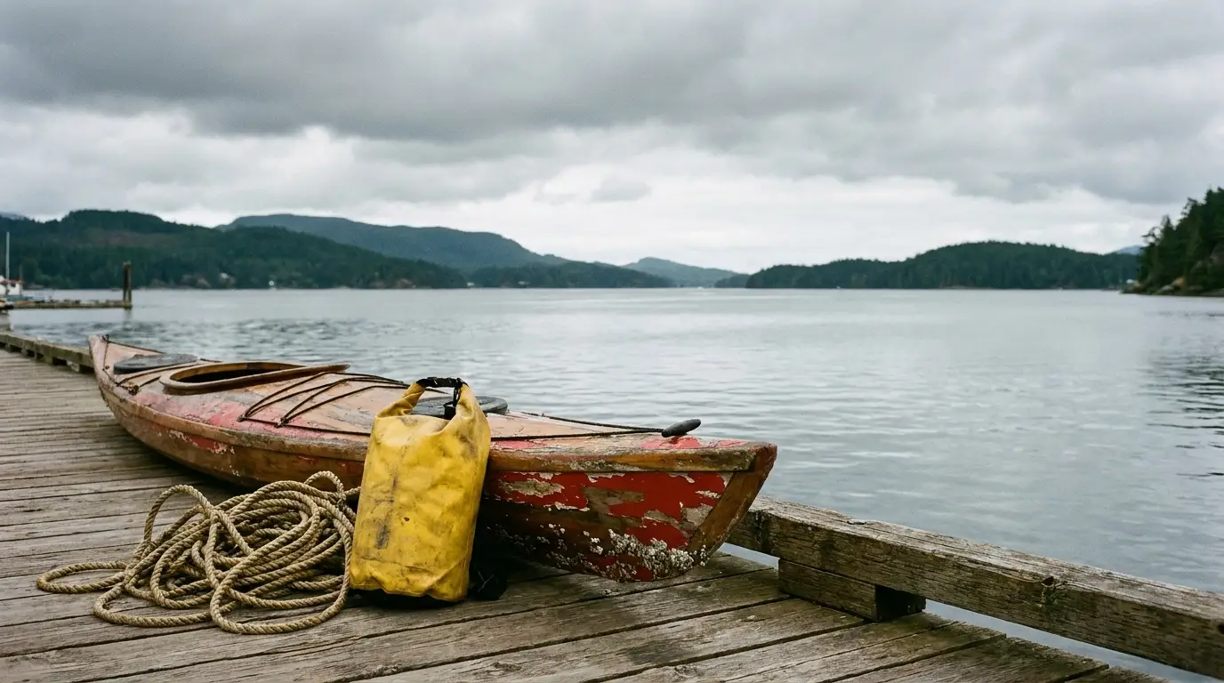 Old wooden kayak with yellow bag and rope on lakeside dock under cloudy sky