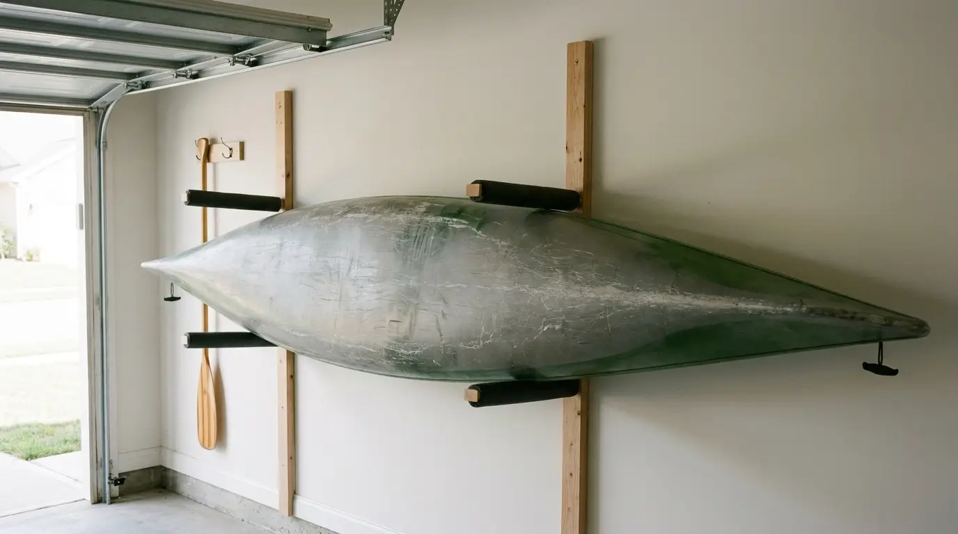 Sea kayak supported on padded wall racks in a garage with a paddle hanging on a nearby hook