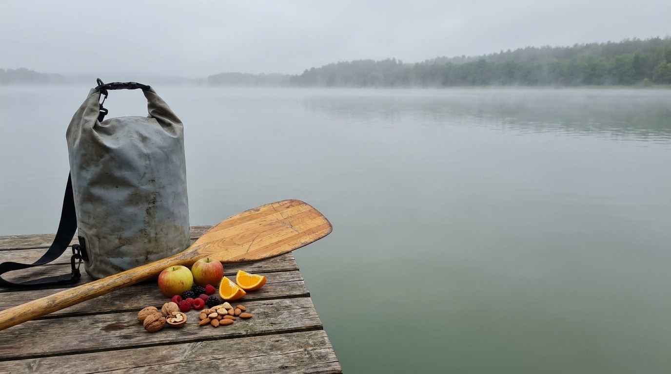 Waterproof bag and paddle on wooden dock by foggy lake with assorted fruits and nuts