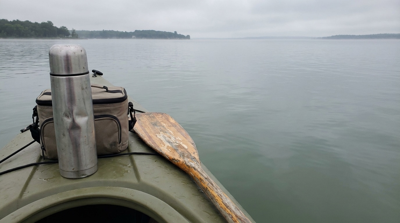 Thermos and paddle on kayak deck in calm misty lake setting