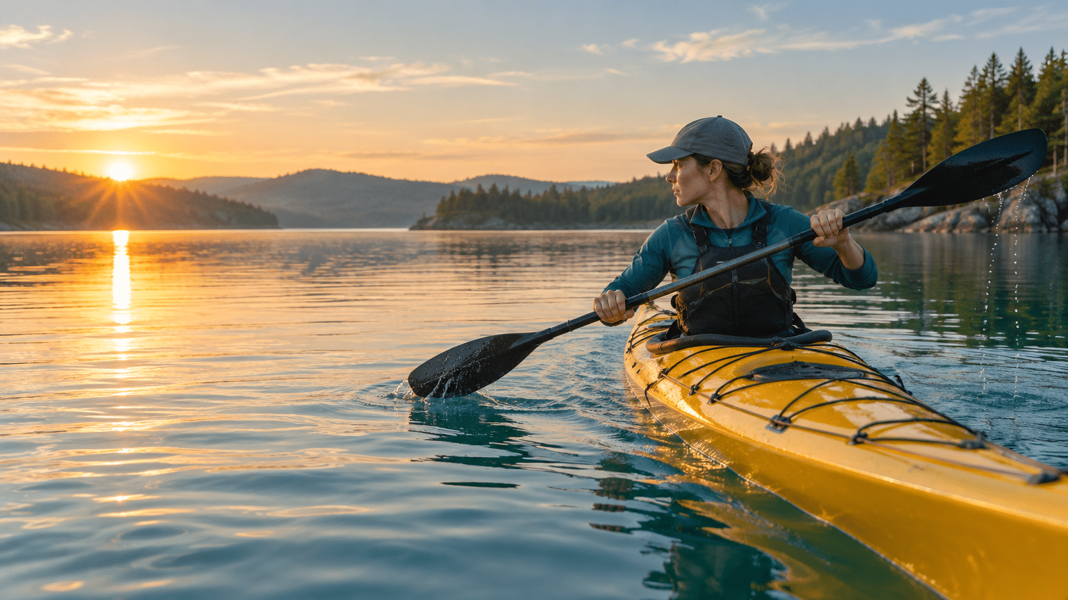 Person kayaking on a calm lake during sunset with forested hills in the background