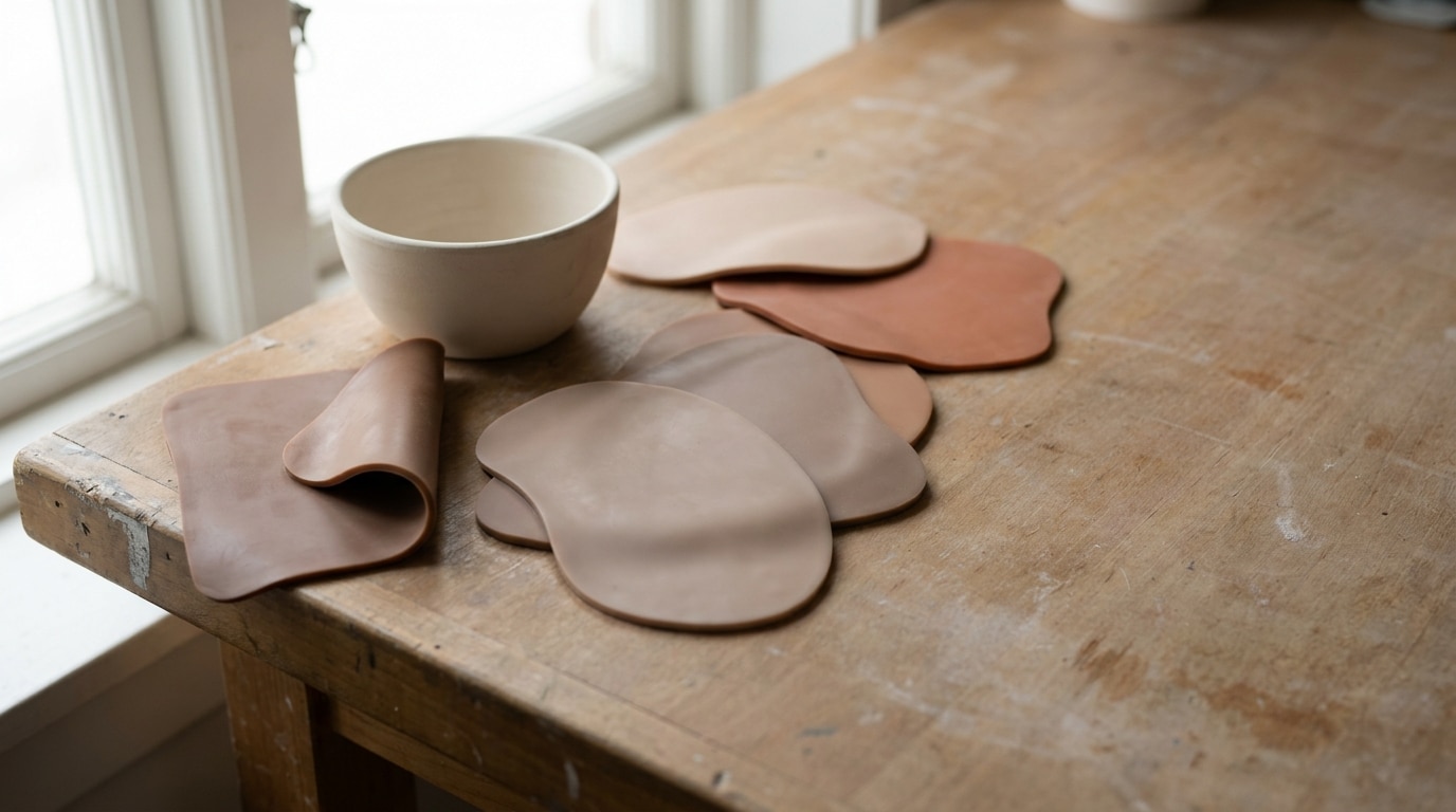 Leather swatches and a ceramic bowl on a wooden workbench near a window