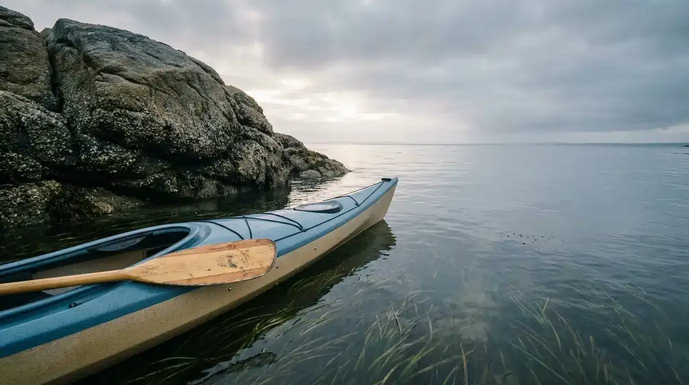 Blue kayak and wooden paddle on calm water beside rocky shoreline under cloudy sky