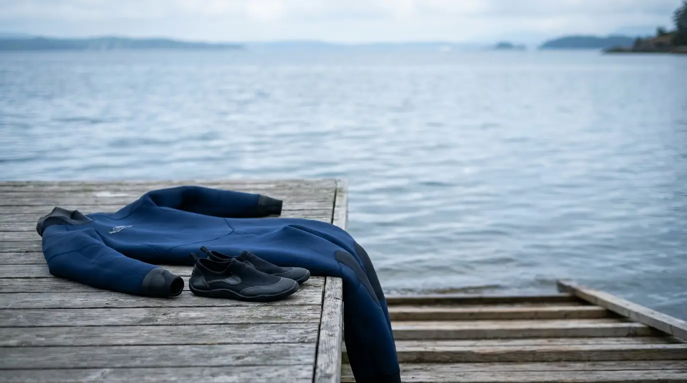 Wetsuit and water shoes on wooden dock by calm lakeside in overcast weather