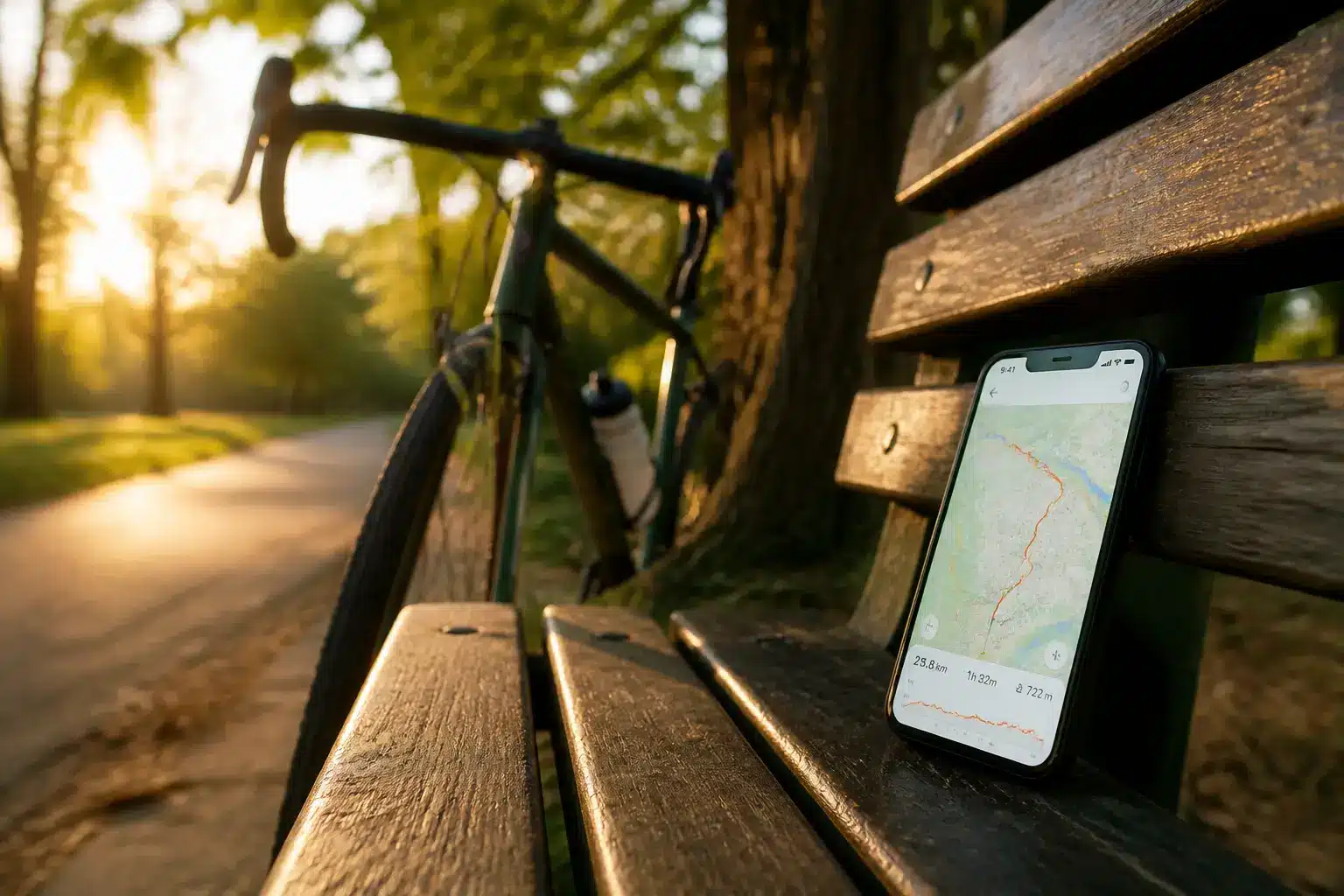 Smartphone with map app on park bench beside road bike at sunset