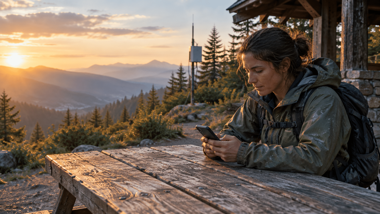 Hiker using smartphone at wooden picnic table during sunrise in mountain landscape